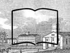Drawing of Oberlin college from early 1800's with an open book outline