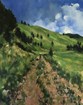 A color painting of a dirt path climbing the grassy slope of a lava dome.