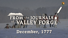 Soldiers in Revolutionary War uniforms walk through a snowy field carrying canvas and wooden posts.