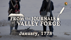 Soldiers in Revolutionary War uniforms walk through a snowy field carrying canvas and wooden posts.