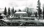 Engraved illustration of the two-story Wawona Hotel and surrounding features