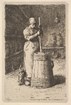 A black and white sketch of a farm woman churning butter. 