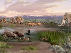 The Pleistocene environment of the Tularosa Basin is shown with megafauna and vegetation.