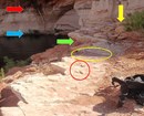 Light-colored rocky shore, cliff, sparse vegetation next to water. Colored arrows and circles.