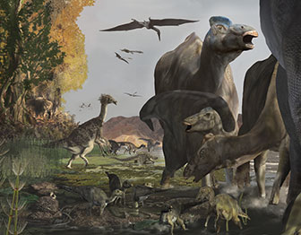 Dinosaurs roam in a cretaceous landscape