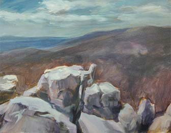 painting of rocky mountaintop overlooking hilly forest