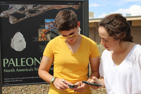 Two women looking at their devices in front of an exhibit outdoors