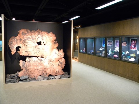 A Large piece of illuminated copper on the left as mineral displays in cabinets line the right.