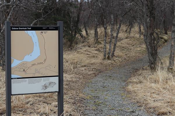 A trailhead sign next to a path
