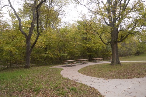Three picnic table near a walking trail.