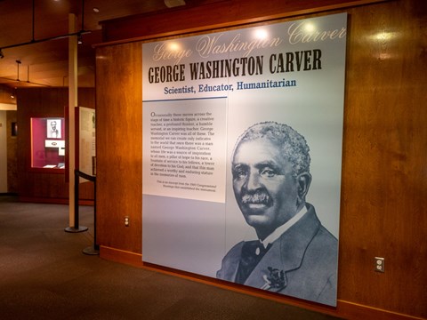 Large photograph of George Washington Carver in the visitor center.