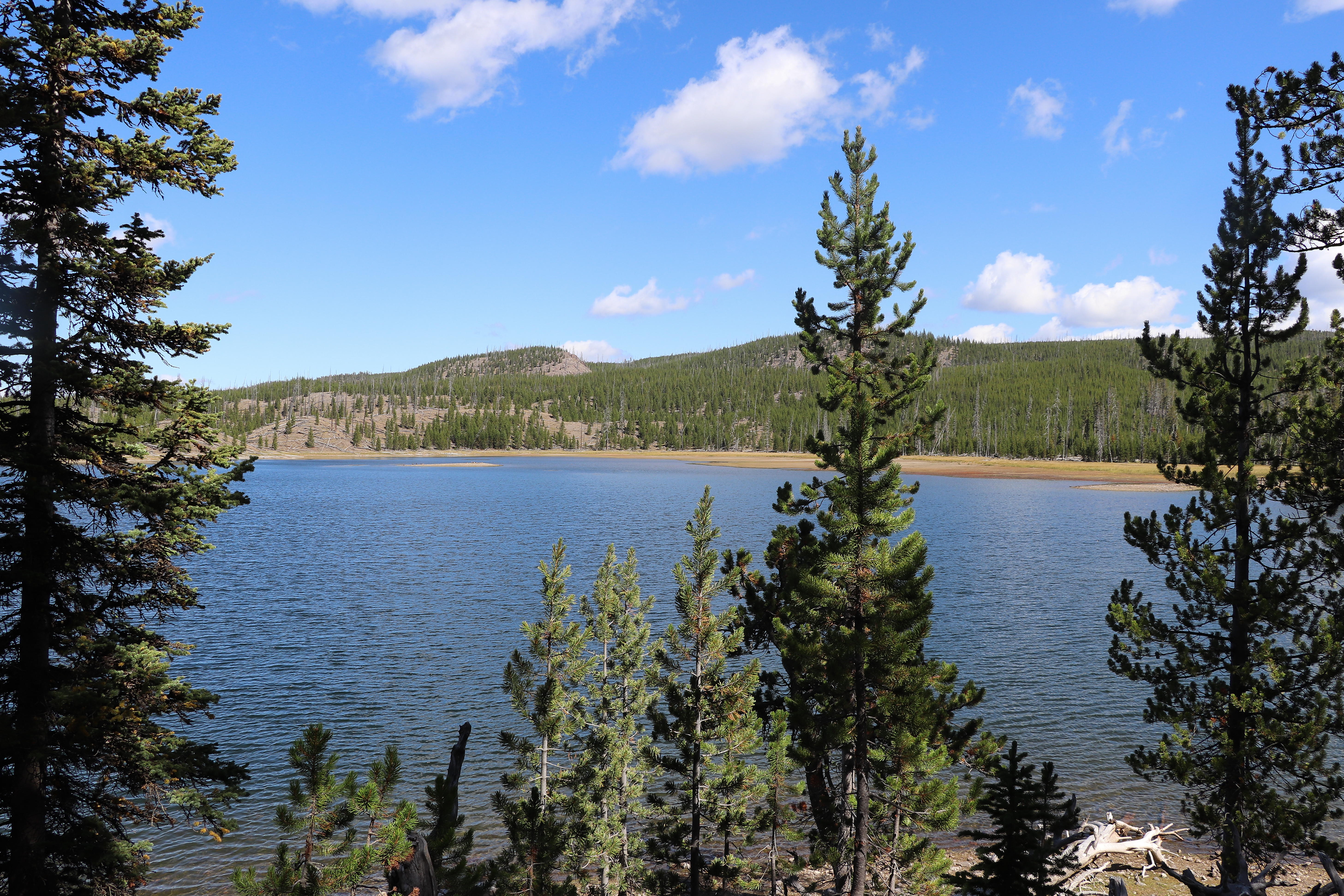 A lake surrounded by rolling hills and forests.