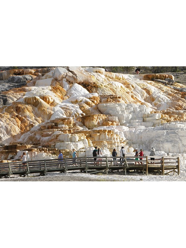People stand on a boardwalk and admire a travertine terrace formation with water cascading down it.