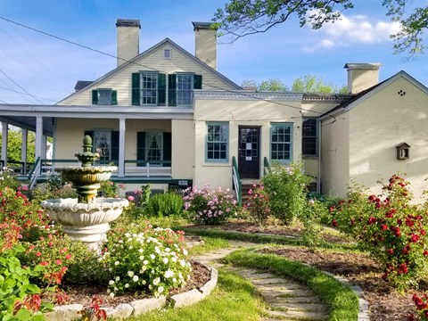 A rose garden in full bloom in front of a large, yellow home. A circular fountain sits in the middle