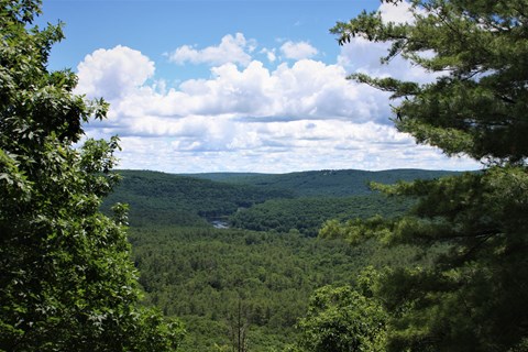 View overlooking lush river valley. Clear river cuts through rolling green tree-covered hills.