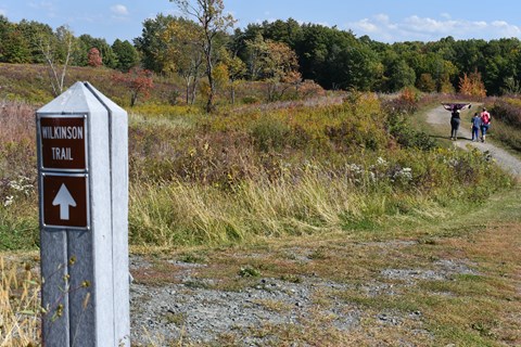 Wilkinson Trail marker in foreground, trail with 3 hikers cutting through meadow