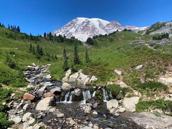 A creek tumbles through a lush green landscape, with a glacier-covered volcano in the background.