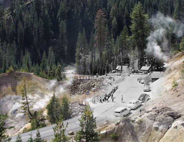 An image of a hydrothermal area with an overlay of a black and white image of a roadside attraction.