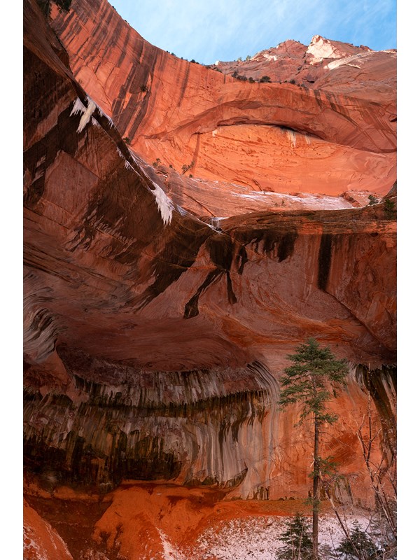 Red sandstone cliff face with an alcove at the bottom and an arch above.