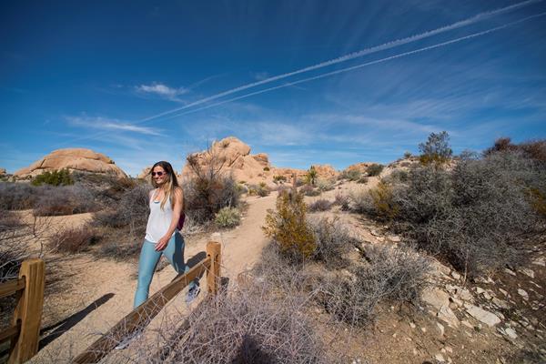 A hiker walking on a dirt trail with rocks in the background