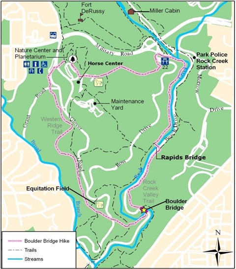 Map of section of park with route shown in pink