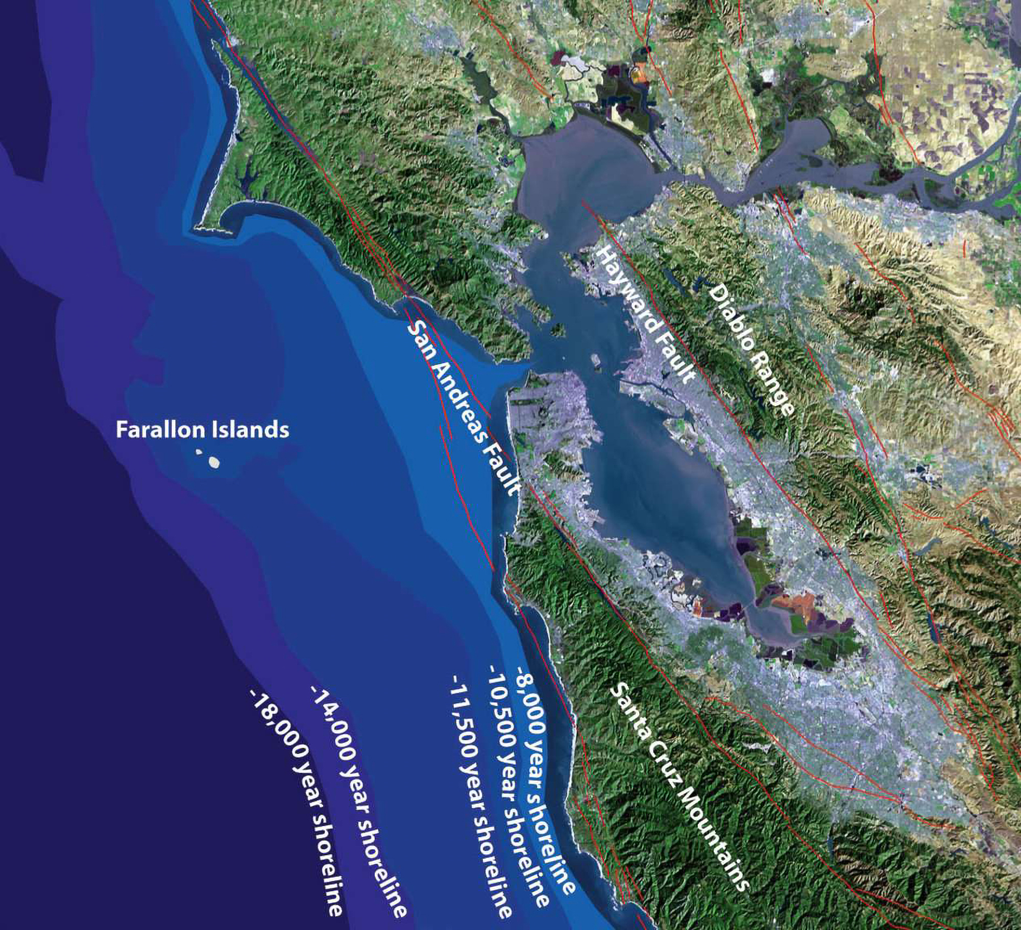 Graphic depiction showing the shifting coastline of the San Francisco Bay