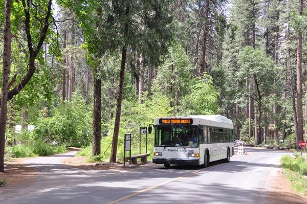 Bus at shuttle stop with benches