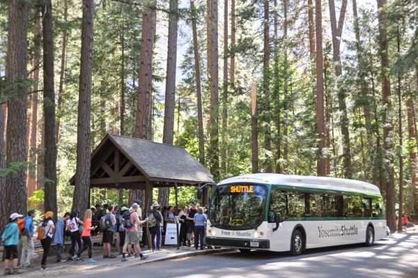 Shuttle bus at stop and covered shelter with lots of people waiting to board.