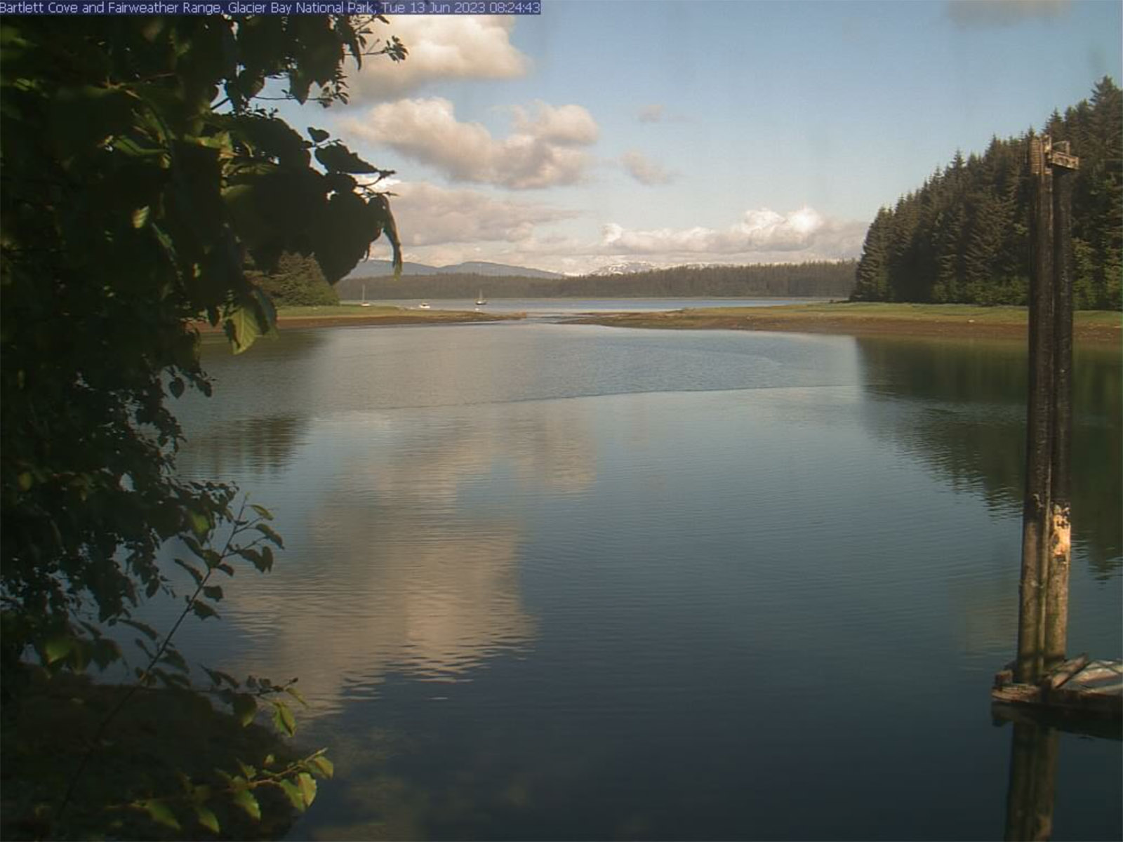 View from the Bartlett Cove Lagoon and Fairweather Range camera