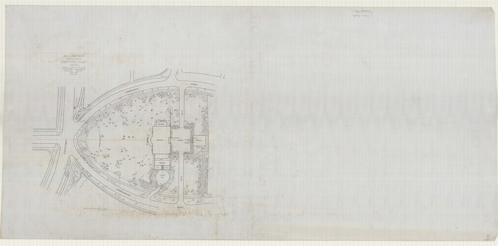 Pencil plan of home with triangular lawn in front with most trees on edges 