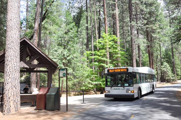 Bus pulling up to covered bus shelter along road