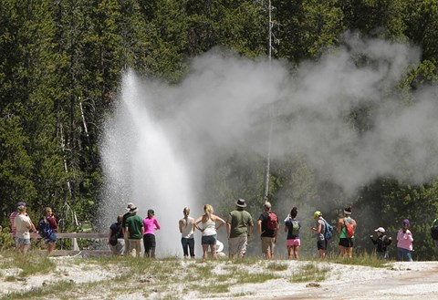 Water and steam erupt up out of the ground as people stand on a boardwalk and watch.