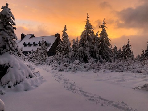 Pink-orange sunset light illuminates a set of tracks along a snowy path and large wood building.