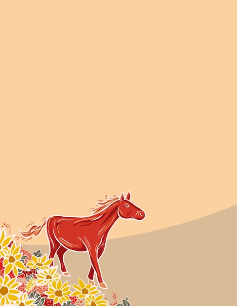 Illustration of a red horse surrounded by flowers.