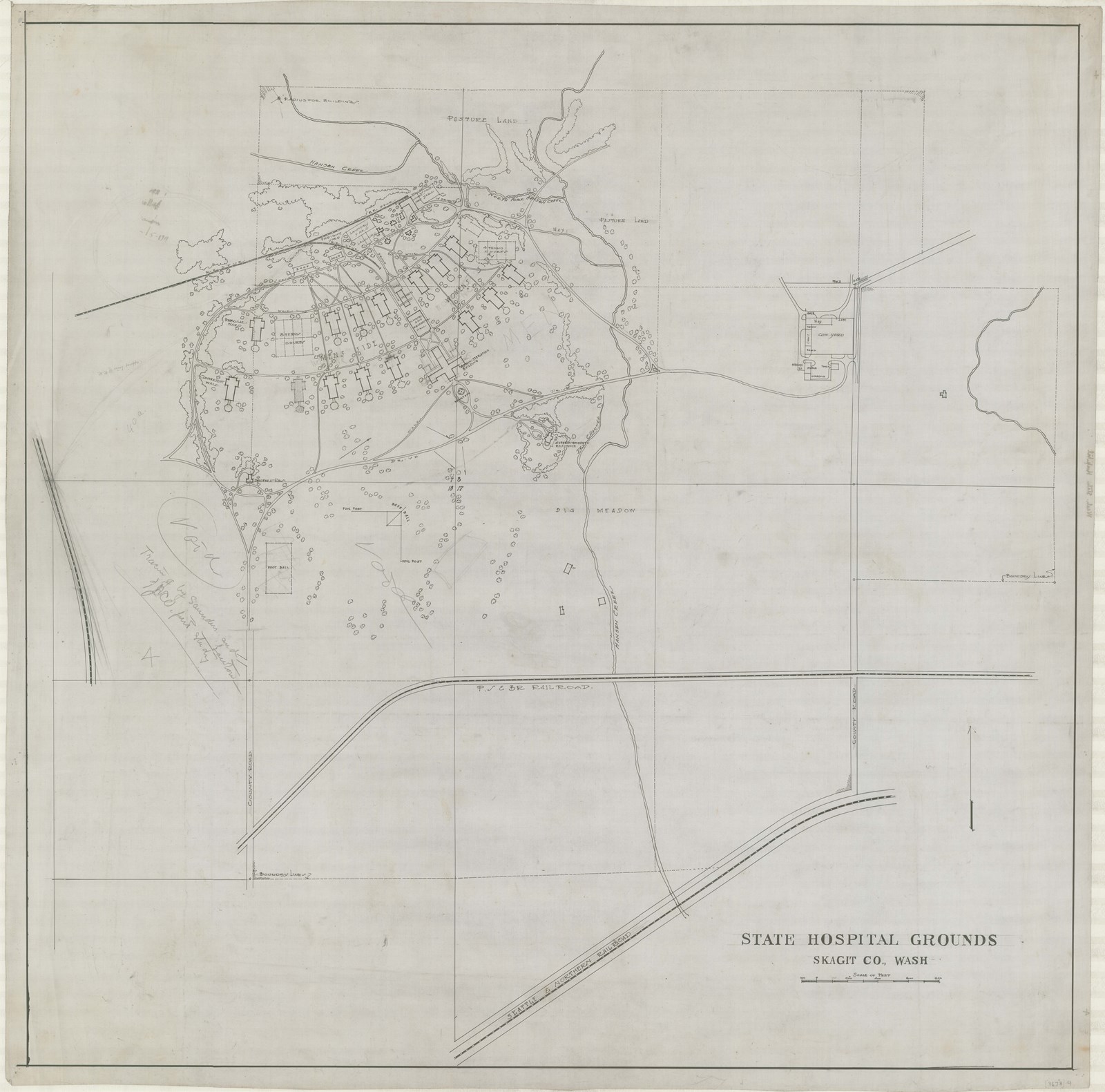 Pencil plan of lots of buildings in the same shape on trees in front and behind