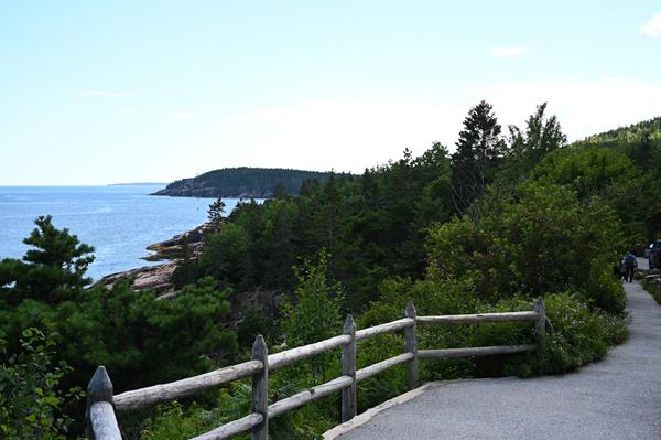 Gravel path with wooden railings next to sprawling greenery and view of the ocean.