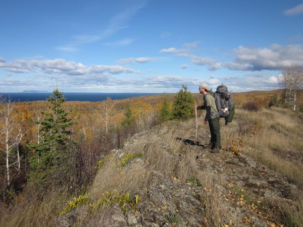 A person with a backpack and a stick stands on an exposed ridge overlooking a forest and a lake.