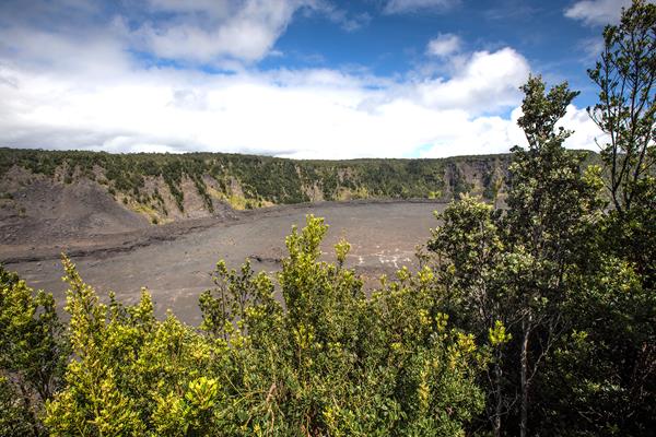 Overlook into a volcanic crater with trees in the foreground