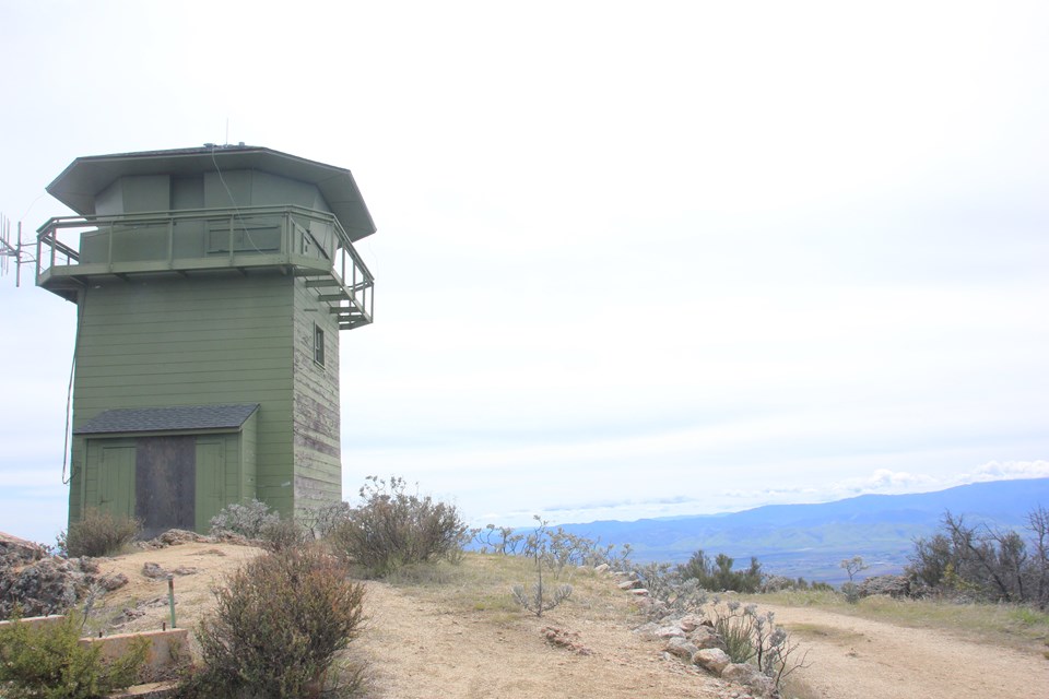 Green fire lookout tower on North Chalone Peak, surrounded by shrubs and mountain views.