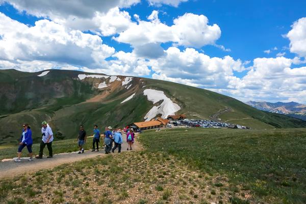 View of the Alpine Ridge Trail looking down at the Alpine Visitor Center and Parking Area