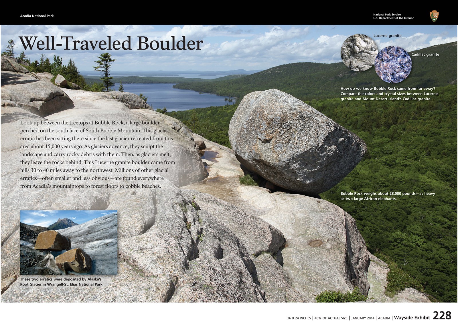 Title: Well-Traveled Boulder in bold; a large boulder perched on the edge of a cliff