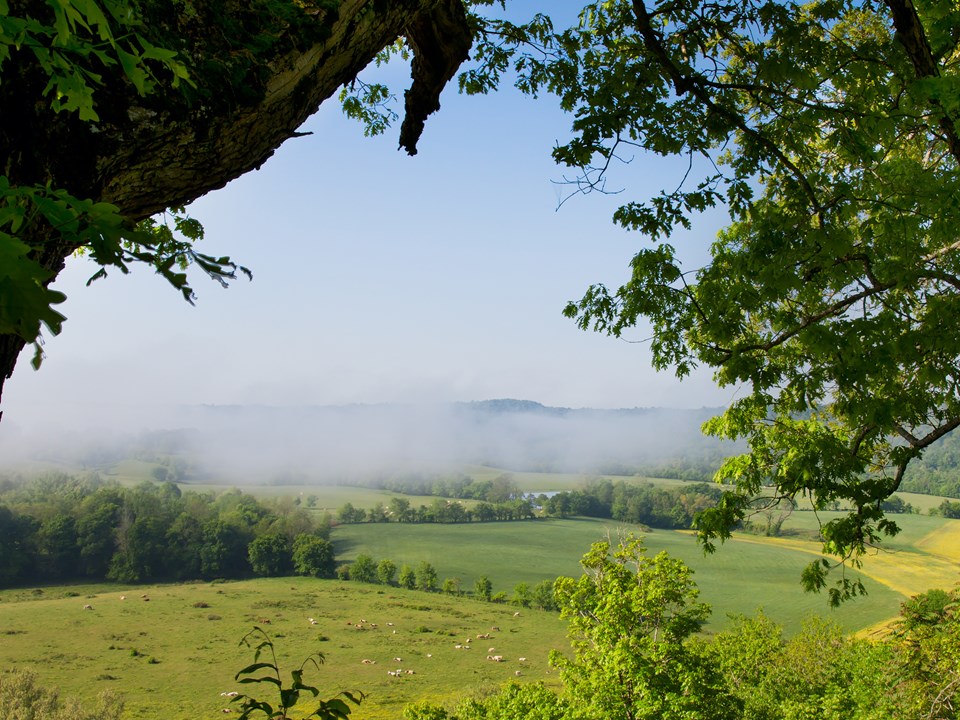 A scenic view of rural Tennessee with some low cloud coverage.