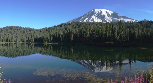 A glaciated mountain and forested slopes reflected in a still mountain lake.