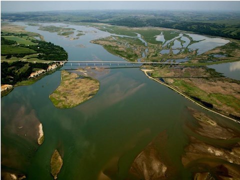 Aerial image of Chief Standing Bear Bridge near Niobrara State Park with sandbars and side channels.