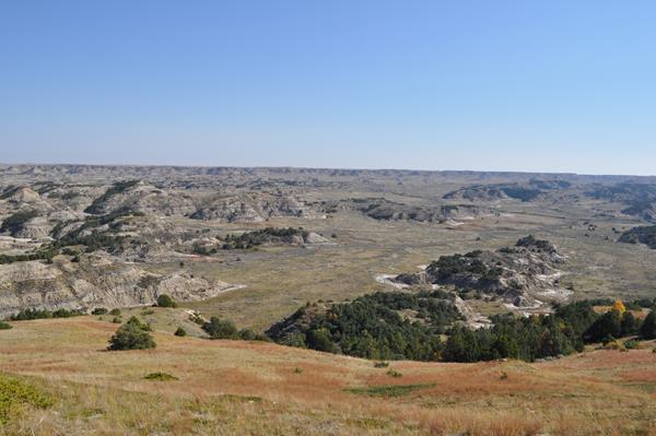 A view looking down into a deep valley, with small buttes topped by dark trees.