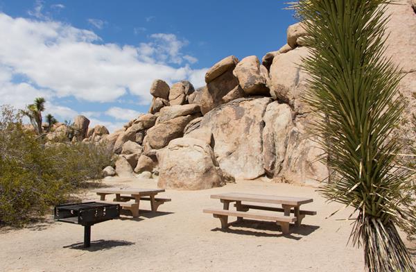 Two picnic tables and a grill in front of a large rock formation with scattered shrubs.