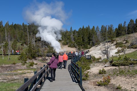People walk down a boardwalk towards a large plume of steam.