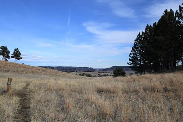 A narrow trail runs through prairie grasses with views of the surrounding hills in the distance.