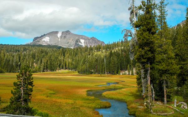 A photo of a creek winding through a mountain meadow at the base of a volcanic peak.