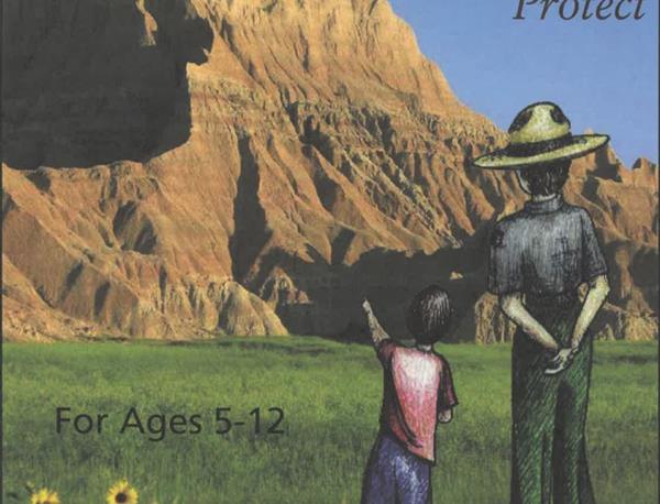 a cartoon child stands next to a cartoon range and points at badlands formations